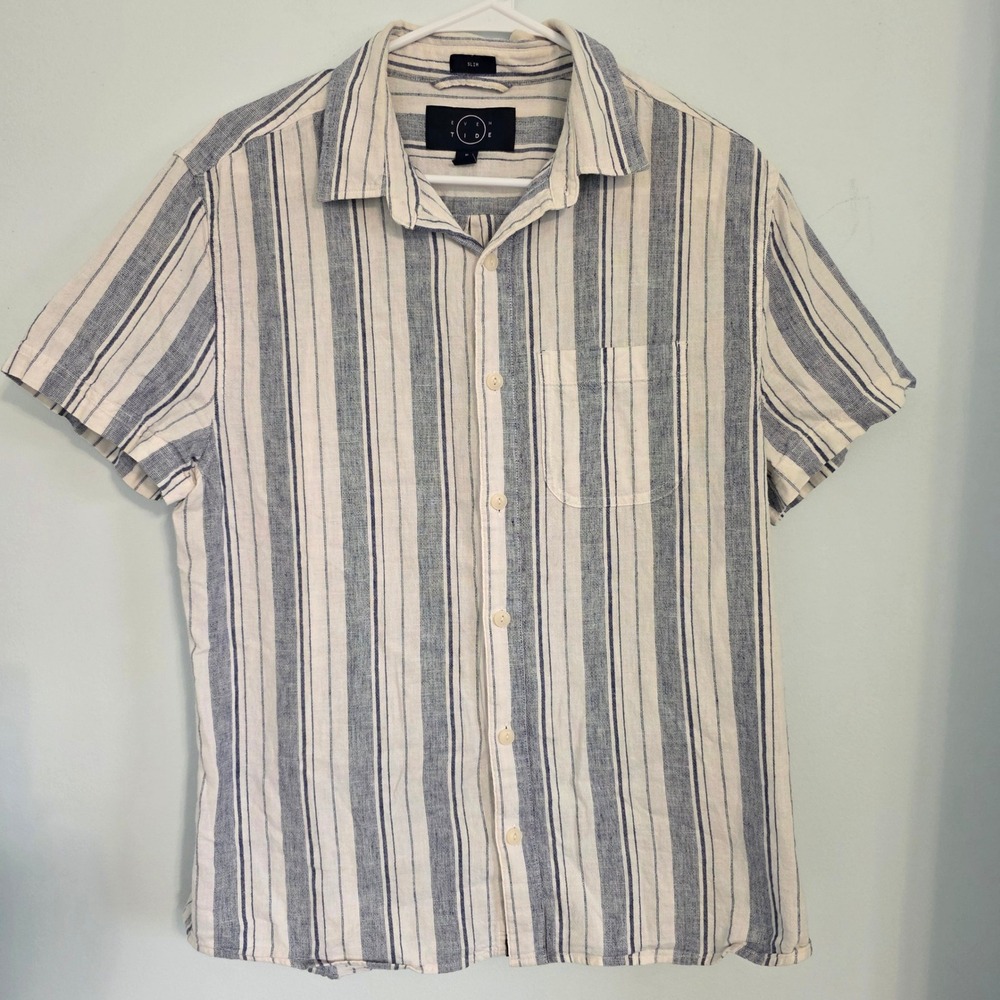 Even Tide Mens Slim Fit Sh Sleeve Linen Cotton Striped Shirt Blue White MGW10252